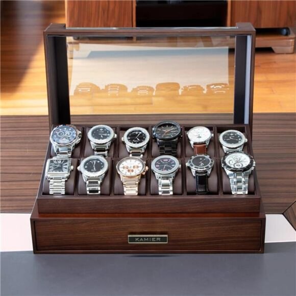 Luxury Wooden Watch Box 12 Slot Display Case With Drawer For Men Jewelry - Picture 3 of 7